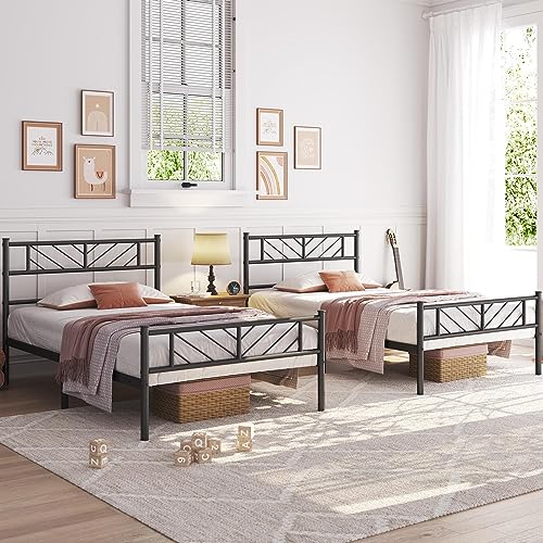Yaheetech 2er Set 90 x 200 cm Metallbett Minimalistischer Bettrahmen mit Kopfteil Gästebett mit Lattenrost für Schlafzimmer Schwarz von Yaheetech