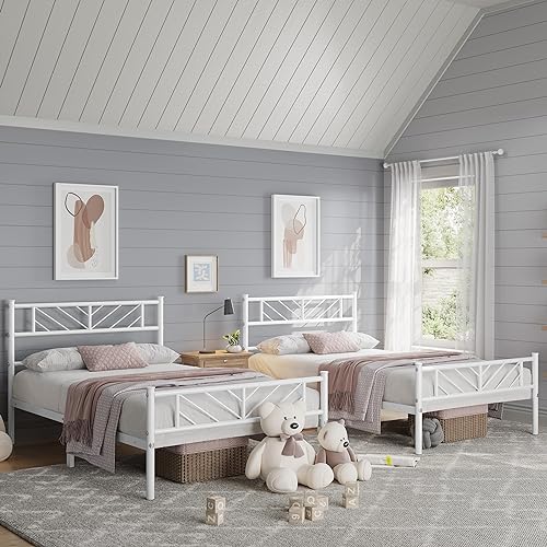 Yaheetech 2er Set 90 x 200 cm Metallbett Minimalistischer Bettrahmen mit Kopfteil Gästebett mit Lattenrost für Schlafzimmer Weiß von Yaheetech