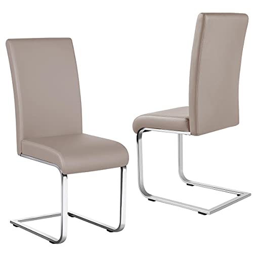 Yaheetech 2er Set Freischwinger Esszimmerstuhl, Polsterstuhl Schwingstuhl Set, aus Kunstleder, 135 kg belastbar, Hellbraun, für Esszimmer Wohnzimmer Küche von Yaheetech