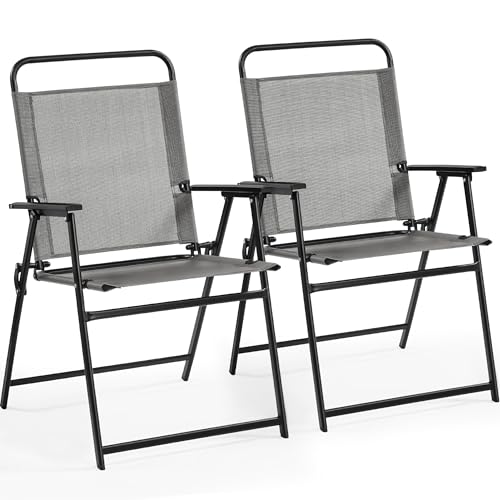 Yaheetech 2er-Set Klappstuhl Gartenstuhl Klappsessel mit Hoher Rückenlehne & Armlehnen Terrassenstühle Essstühle bis 100 kg Belastbar Grau von Yaheetech
