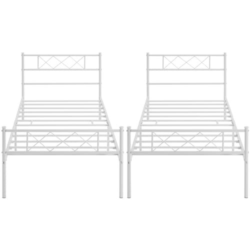 Yaheetech 2er Set Modern Metallbett Bettgestelle mit Lattenrost, Einzelbett, Bettrahmen mit Kopfteil, Gästebett Jugendbett 90 x 200 cm/Weiß von Yaheetech