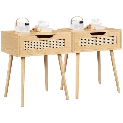 Yaheetech 2er Set Nachttisch Rattan Beistelltisch mit Schublade Nachtkommode Holzbeine Sofatisch Nachtkommode für Schlafzimmer/Wohnzimmer, Hellbraun von Yaheetech