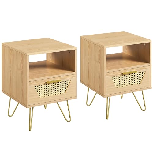 Yaheetech 2er Set Nachtttisch Rattan-Design Beistelltisch mit 1 Schublade und 1 Offenen Ablagefach Nachtschrank Metallbeine Nachtkommode Sofatisch für Schlafzimmer/Wohnzimmer, Hellbraun von Yaheetech