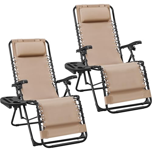 Yaheetech 2er Set Sonnenliege Liegestuhl Klappbar Gartenliege mit Kopfkissen & Becherhalter Tragbare Relaxliege für Strand/Garten/Balkon, Beige Yaheetech 2er Set Sonnenliege Liegestuhl Klappbar Gartenliege mit Kopfkissen & Becherhalter Tragbare Relaxliege für Strand/Garten/Balkon, Beige von Yaheetech