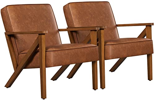 Yaheetech Loungesessel 2er Set Sessel Vintage Relaxsessel Kunstleder mit Massivholzbeinen Einzelsofa für Wohnzimmer/Schlafzimmer/Empfangsbereich Hellbraun von Yaheetech