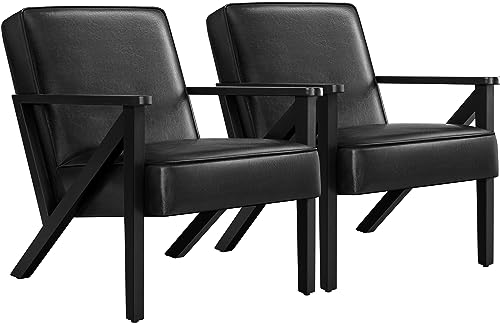 Yaheetech Loungesessel 2er Set Sessel Vintage Relaxsessel Kunstleder mit Massivholzbeinen Einzelsofa für Wohnzimmer/Schlafzimmer/Empfangsbereich Schwarz von Yaheetech