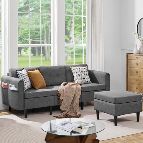 Yaheetech Ecksofa 3-Sitzer Sofa mit Polsterhocker aus Leinenstoff Eckcouch in L-Form Rechts/Links fürs Wohnzimmer/Schlafzimmer/Wohnung, Hellgrau von Yaheetech