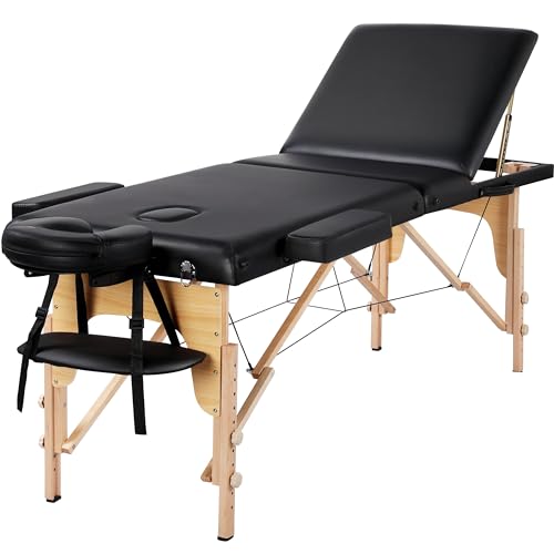 Yaheetech 3-Zonen Massageliege Tragbare Massagebank Höhenverstellbarer Massagetisch mit Kopfstütze und Abnehmbare Armlehnen für Physiotherapie, Schwarz von Yaheetech