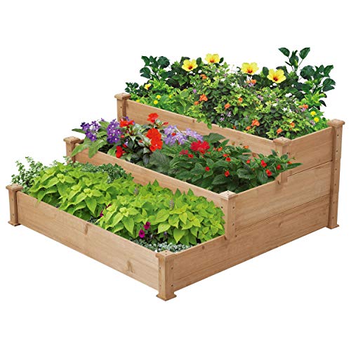 Yaheetech 3 stufiges Hochbeet Holz Balkon Garten Kräuterbeet Frühbeet Gartenbeet Pflanzenbeet Stufenbeet Blumentreppe stapelbar, 120 x 120 x 56 cm von Yaheetech