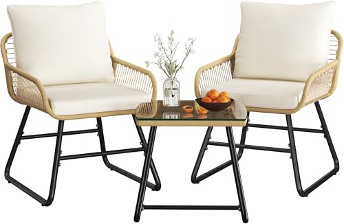 Yaheetech 3er Gartenmöbel Set Balkonmöbel Set aus Poly-Rattan Bistrotisch mit 2 Stühlen & 4 Kissen für Kleiner Balkon/Terrasse/Innenhof, Hellbraun & Cremeweiß von Yaheetech