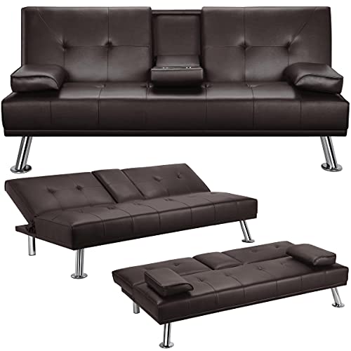 Yaheetech 3er-Sofa Schlafsofa Couch mit Tassenhalter Gästebett, Rückenlehne neigbar 105°/140°/180°, 167 x 81,5 x 75 cm, 350 KG belastbar, braun Kunstleder von Yaheetech