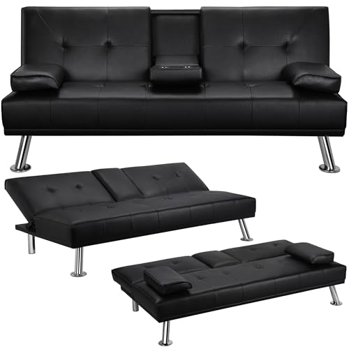 Yaheetech 3er-Sofa Schlafsofa Couch mit Tassenhalter Gästebett, Rückenlehne neigbar 105°/140°/180°, 167 x 81,5 x 75 cm, 350 KG belastbar, schwarz Kunstleder von Yaheetech