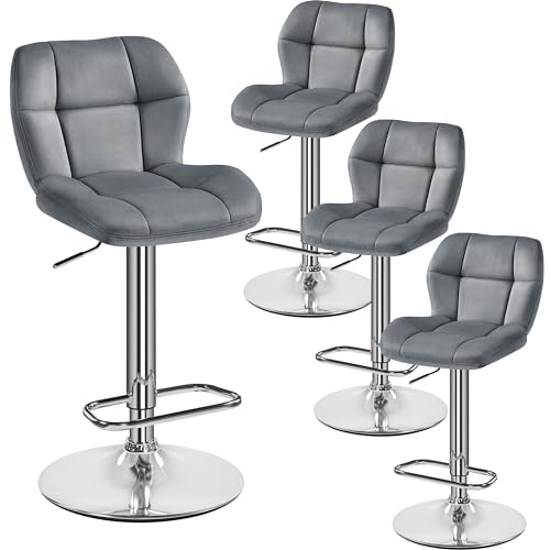 Yaheetech Barhocker 4er Set Höhenverstellbar 360°Drehbar Barstühle Küchenstühle mit Rückenlehne und Fußstütze Barstuhl aus Samt Sitzhöhe 62,5 cm - 84,5 cm für die Küche, Dunkelgrau von Yaheetech