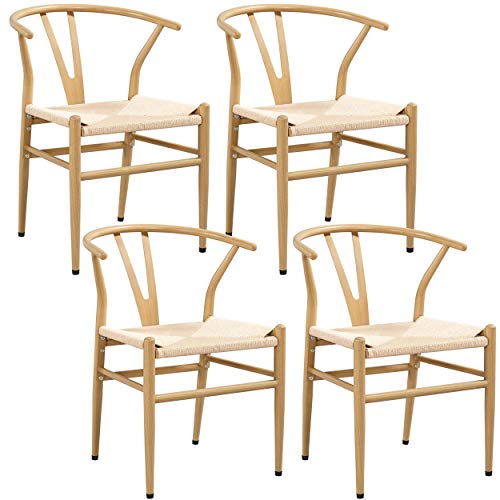 Yaheetech 4er Mittelalterlicher Stil Esszimmerstühle, Y-Stuhl mit Metallrahmen, Rattan Stuhl, bis 150KG belastbar, holzfarbe von Yaheetech