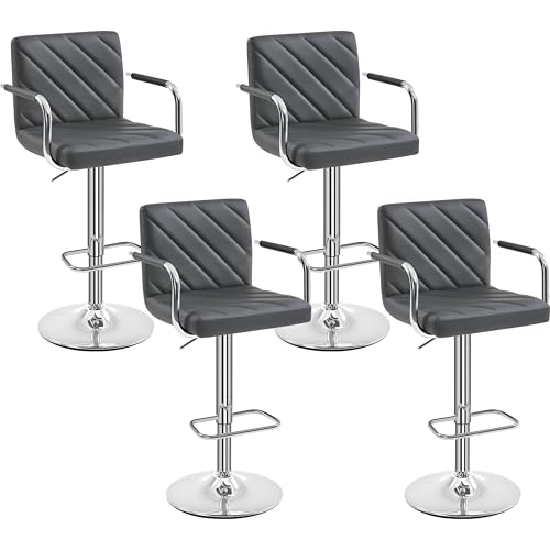 Yaheetech 4er Set Barhocker, Barstuhl höhenverstellbar, Kunstleder Gepolstert Tresenhocker 360° Drehstuhl, Küchenstuhl mit Armlehnen, Rückenlehne und Fußstütze, Grau von Yaheetech