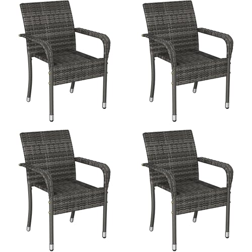 Yaheetech 4er Set Rattanstühle Stapelbar, Gartenstühle Stapelstuhl mit Armlehnen & Rückenlehne, Rattan Stuhl Balkonstuhl mit Verstellbaren Füße für Garten Balkon Terrasse, Grau von Yaheetech