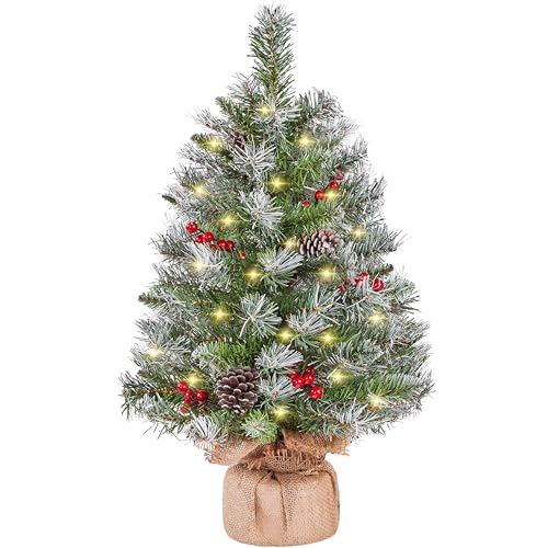 Yaheetech 61 cm Mini Künstlicher Weihnachtsbaum mit Schnee inkl. 35 Warmweiß LED & 42 Roten Beeren & 6 Tannenzapfen, Kleiner Christbaum Tisch Tannenbaum für Weihnachtsdeko von Yaheetech