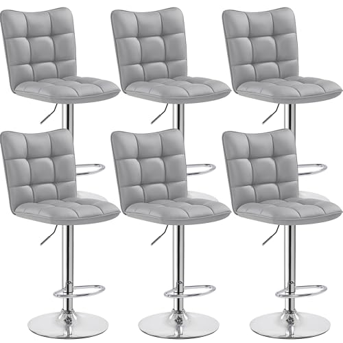 Yaheetech 6er Set Barhocker Barstühle 360°Drehbar Küchenstühle mit Rückenlehne und Fußstütze, Barstuhl PU-Kunstleder Sitzhöhe 62,5 cm - 83 cm für die Küche/Bar/Salon, Höhenverstellbar Hellgrau von Yaheetech