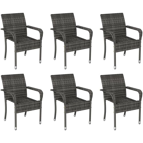 Yaheetech 6er Set Rattanstühle Stapelbar, Gartenstühle Stapelstuhl mit Armlehnen & Rückenlehne, Rattan Stuhl Balkonstuhl mit Verstellbaren Füße für Garten Balkon Terrasse, Grau von Yaheetech