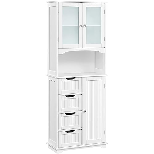 Yaheetech Badezimmerschrank Hochschrank Badschrank Küchenschrank mit Glastüren & Ablagefach Aufbewahrungsschrank Badkommode mit 4 Schubladen und verstellbarem Einlegeboden, 63x30x165,5 cm von Yaheetech