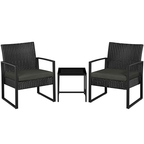 Yaheetech Balkonmöbel Set, Gartenmöbel-Set aus PE-Polyrattan Wetterfest inkl. 2 Stühle mit Sitzkissen & Tisch, 3 Teilig Terrassenmöbel Sitzgruppe Lounge Set für Balkon/Terrasse/Garten, Schwarz-Grau von Yaheetech