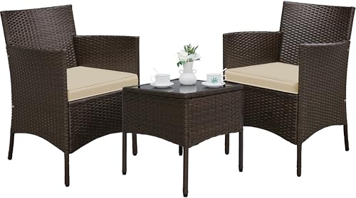 Yaheetech Balkonmöbel Set 3-teilig Poly Rattan Gartenmöbel Gartensitzgruppe Polyrattantisch und 2 Stühle mit Sitzkissen, Braun von Yaheetech