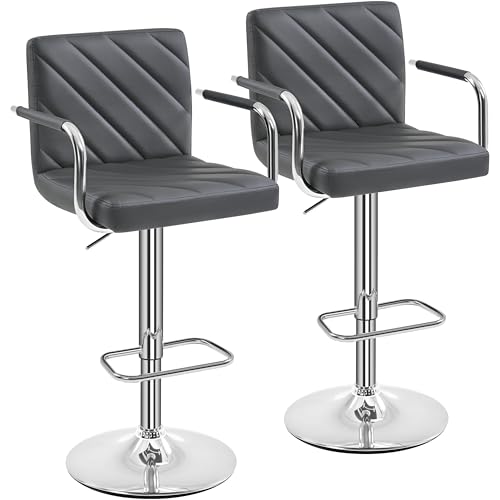 Yaheetech Barhocker 2er Set, Barstuhl höhenverstellbar, Kunstleder Tresenhocker 360° Drehstuhl, Küchenstuhl mit Armlehnen und Rückenlehne Dunkelgrau von Yaheetech