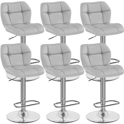 Yaheetech Barhocker 6er Set Höhenverstellbar 360°Drehbar Barstühle Küchenstühle mit Rückenlehne und Fußstütze, Barstuhl PU-Kunstleder Sitzhöhe 62,5 cm - 84,5 cm für die Küche, Hellgrau von Yaheetech