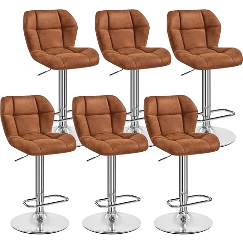 Yaheetech Barhocker 6er Set Höhenverstellbar 360°Drehbar Barstühle Küchenstühle mit Rückenlehne und Fußstütze Bistrostuhl Sitzhöhe 62,5 cm - 84,5 cm für die Küche, Retro-Braun von Yaheetech