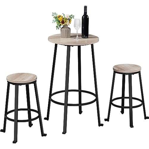 Yaheetech Bartisch(Φ 67 x H 94 cm) mit 2 Barhocker(je Φ 50 x H 60,5 cm) Set, Essgruppe für 2 Personen, rund Stehtisch Partytisch Gartentisch, vintagegrau-schwarz von Yaheetech