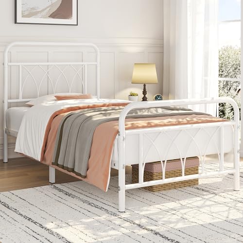 Yaheetech Bettrahmen Vintage Metallbett mit Lattenrost, 90 x 200 cm Einzelbett Minimalistisches Bettgestell mit Hohem Kopfteil & Petalummuster, Gästebett Jugendbett aus Metall, Weiß von Yaheetech