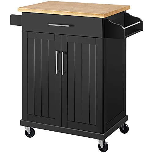 Yaheetech Bewegliche Kücheninseln Küchenwagen auf Rollen, Servierwagen mit Schublade und 3 Schrank, Arbeitsplatte aus Holz, Rollwagen 66 × 45,5 × 91,5 cm, Küchentrolley im Landhausstil, Schwarz von Yaheetech