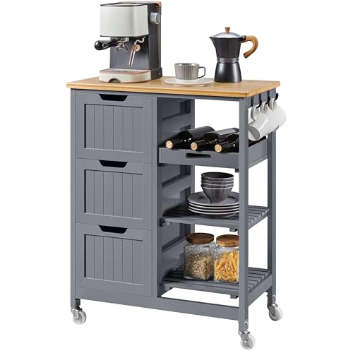 Yaheetech Bewegliche Kücheninseln Küchenwagen mit 3 Schubladen & 3 Ablagefächer Servierwagen auf Rollen mit Bremsen Rollwagen 67 cm L × 37 cm B × 84,5 cm H Dunkelgrau von Yaheetech
