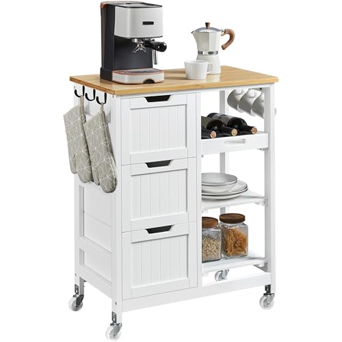 Yaheetech Bewegliche Kücheninseln Küchenwagen mit 3 Schubladen & 3 Ablagefächer Servierwagen auf Rollen mit Bremsen Rollwagen 67 cm L × 37 cm B × 84,5 cm H Weiß von Yaheetech