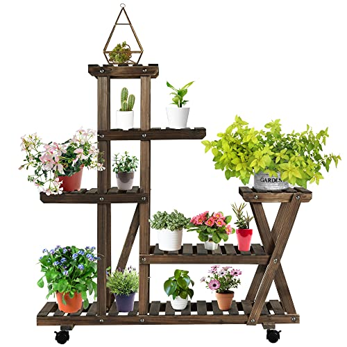 Yaheetech Blumenregal mit 6 Etagen, Blumentreppen aus Maasivholz, Pflanzenregal Rollbar, Blumenständer für Balkon/Garten/Wohnzimmer, 97,5 x 33 x 101cm von Yaheetech