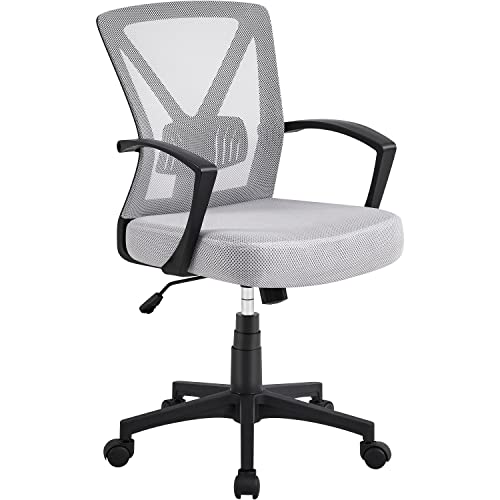 Yaheetech Bürostuhl Schreibtischstuhl, Drehstuhl mit Mesh, Home Office Chair ergonomisch, höhenverstellbarer Computerstuhl mit Rückenstütze, gepolsterten Sitz, fürs Arbeitszimmer/Büro Hellgrau von Yaheetech