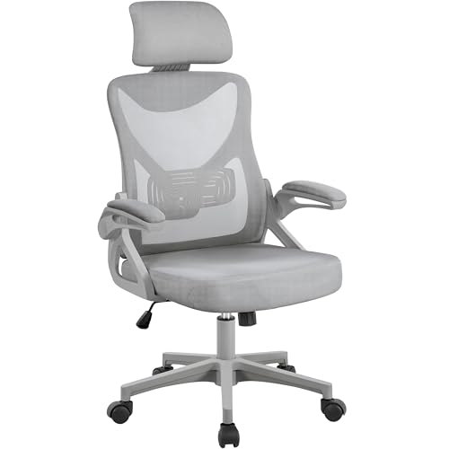 Yaheetech Bürostuhl Ergonomisch, Schreibtischstuhl mit Hochklappbaren Armlehnen, Drehstuhl mit Rückenlehne und Verstellbarer Kopfstütze, bis 136 kg Belastbar Grau von Yaheetech