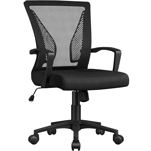 Yaheetech Bürostuhl Ergonomisch, Schreibtischstuhl mit Netzbespannung, Arbeitsstuhl mit Armlehnen, Chefsessel aus Mesh, höhenverstellbarer Computerstuhl 136 kg, atmungsaktiv, Wippfunktion Schwarz von Yaheetech