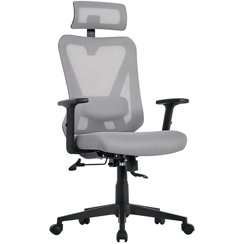 Yaheetech Bürostuhl Ergonomisch, Schreibtischstuhl mit Verstellbarer Kopfstütze, Armlehnen, Lendenwirbelstütze, Verschließbar höhenversteller Drehstuhl mit 90°-130° Liegefunktion Hellgrau von Yaheetech