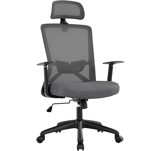 Yaheetech Bürostuhl Ergonomisch Schreibtischstuhl mit Armlehnen und Verstellbarer Kopfstütze, Drehstuhl mit Rückenlehne, Chefsessel Mesh Höhenverstellbar Belastbar bis 136kg, Dunkelgrau von Yaheetech