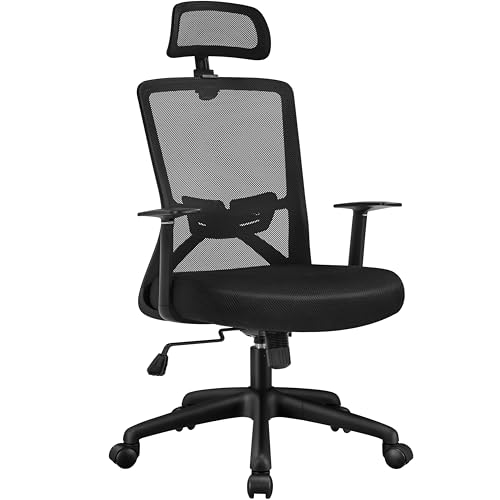 Yaheetech Bürostuhl Ergonomisch Schreibtischstuhl mit Armlehnen und Verstellbarer Kopfstütze, Drehstuhl mit Rückenlehne, Chefsessel Mesh Höhenverstellbar Belastbar bis 136kg, Schwarz von Yaheetech