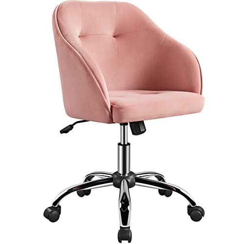 Yaheetech Homeoffice Stuhl, Schminkstuhl, höhenverstellbar Drehstuhl, SamtStuhl Schreibtischstuhl für Arbeitszimmer, Schlafzimmer, Atmungsaktiv Rollstuhl bis 136 KG belastbar Hellrosa von Yaheetech
