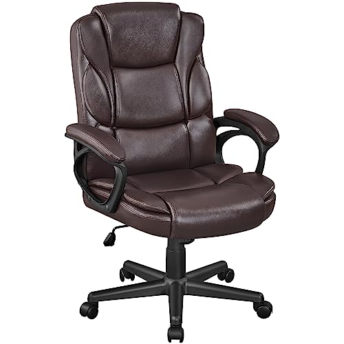 Yaheetech Bürostuhl Ergonomisch Schreibtischstuhl, Chefsessel aus Kunstleder, Drehstuhl mit Rollen, Computerstuhl mit Hoher Rückenlehne, Wippfunktion, Belastbar bis 136 kg, Braun von Yaheetech