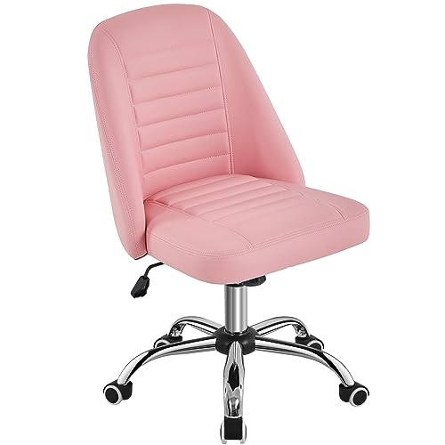 Yaheetech Bürostuhl Schreibtischstuhl Ergonomisch Gepolstert Kunstleder Drehstuhl mit Rollen Arbeitshocker ohne Armlehne Chefsessel höhenverstellbar Hellrosa von Yaheetech