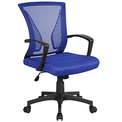 Yaheetech Bürostuhl Ergonomisch, Schreibtischstuhl mit Netzbespannung, Arbeitsstuhl mit Armlehnen, Chefsessel aus Mesh, höhenverstellbarer Computerstuhl 136 kg, atmungsaktiv, Wippfunktion Blau von Yaheetech