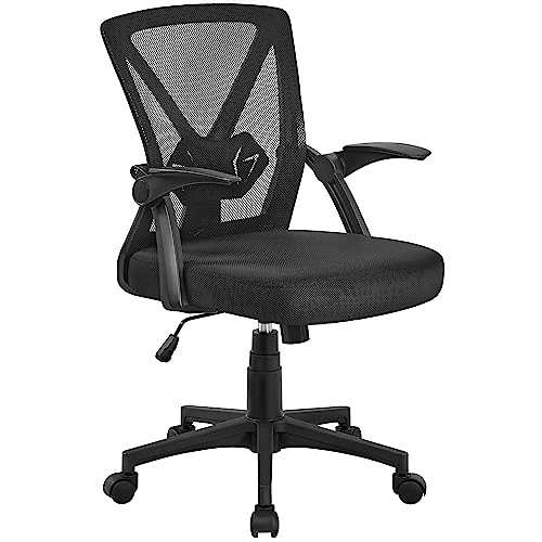 Yaheetech Bürostuhl ergonomisch, Schreibtischstuhl aus Mesh mit Hochklappbaren Armlehnen, Drehstuhl mit Verstellbaren Lendenwirbelstütze, Chefsessel höhenverstellbar, Schwarz von Yaheetech