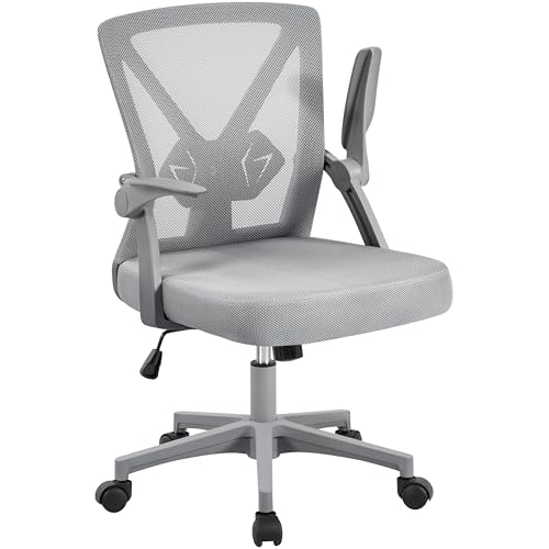 Yaheetech Bürostuhl Schreibtischstuhl mit hochklappbare Armlehnen, Drehstuhl aus Mesh, Office Chair Ergonomic, erstellbaren Lendenwirbelstütze, Wippfunktion, höhenverstellbar Grau von Yaheetech