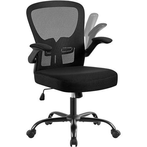 Yaheetech Bürostuhl mit hochklappbaren Armlehnen, Schreibtischstuhl mit erstellbaren Lendenwirbelstütze, Drehstuhl aus Mesh, Office Chair Ergonomic, Wippfunktion, höhenverstellbar Schwarz von Yaheetech