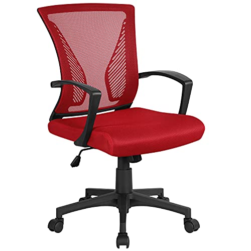 Yaheetech Bürostuhl Ergonomisch, Schreibtischstuhl mit Netzbespannung, Arbeitsstuhl mit Armlehnen, Chefsessel aus Mesh, höhenverstellbarer Computerstuhl 136 kg, atmungsaktiv, Wippfunktion Rot von Yaheetech