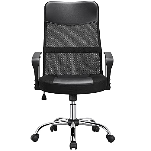 Yaheetech Bürostuhl mit hoher Rückenlehne, Schreibtischstuhl mit Wippfunktion, Chefsessel mit Kopfstütze und Armlehne, Office Chair, Gaming Stuhl Mesh Netz Schwarz von Yaheetech